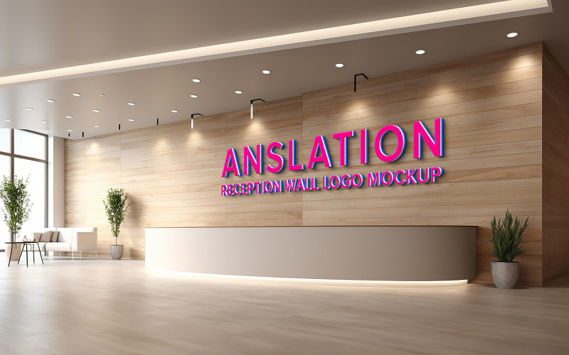 Wall logo mockup psd in the office receptionist front desk