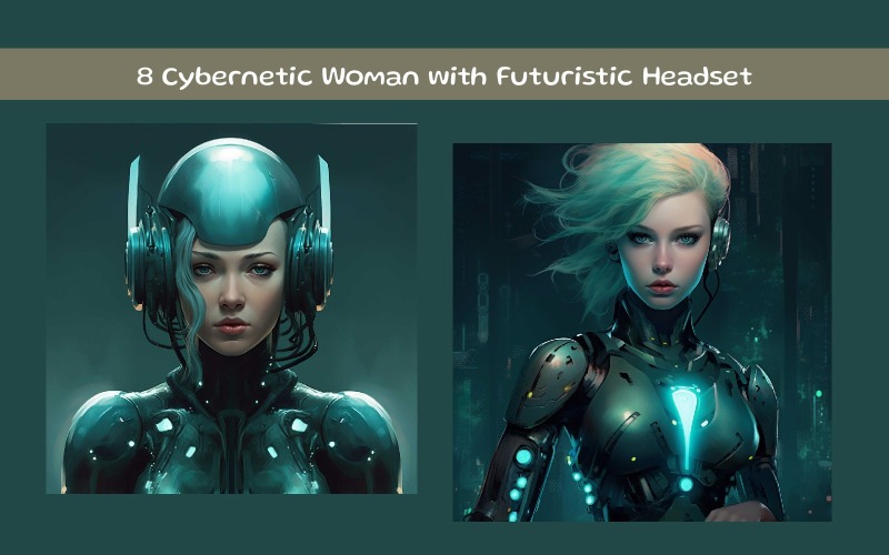 Mujer cibernética con auriculares futuristas sobre fondo digital