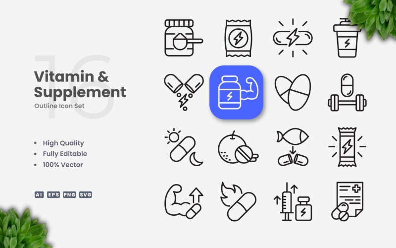 Ensemble d'icônes de contour de 16 vitamines et suppléments