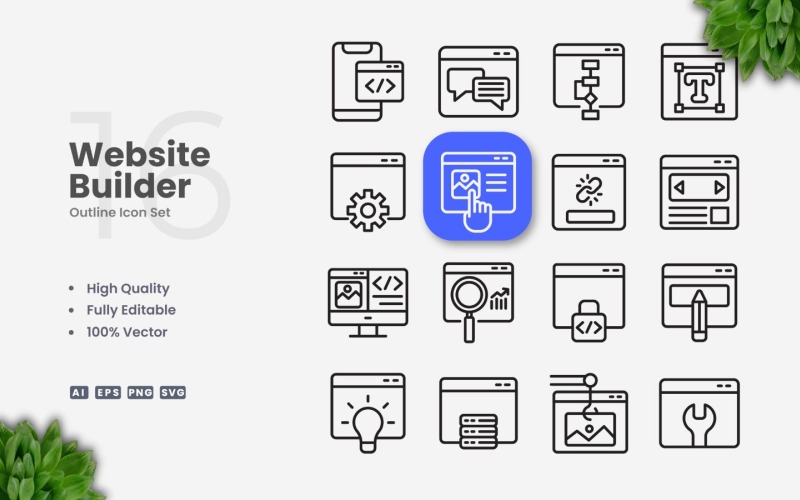 16 Website Builder-omtrekpictogramset