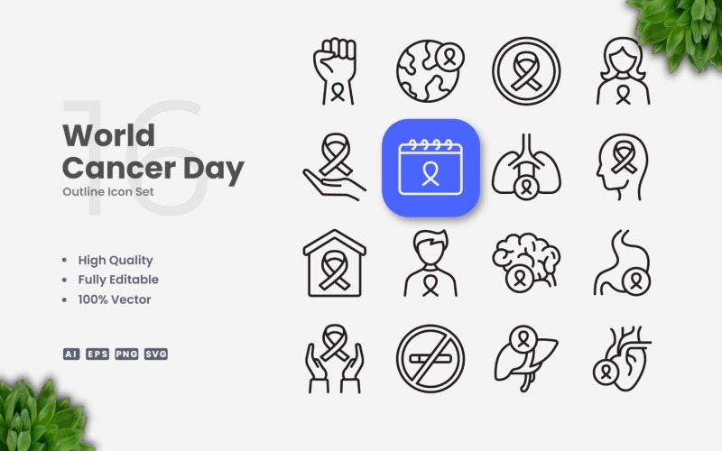 16 World Cancer Day disposition Ikonuppsättning