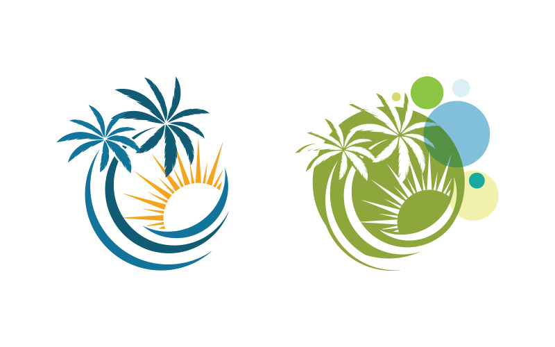 Modello logo spiaggia estiva con palma e sole onda v.6