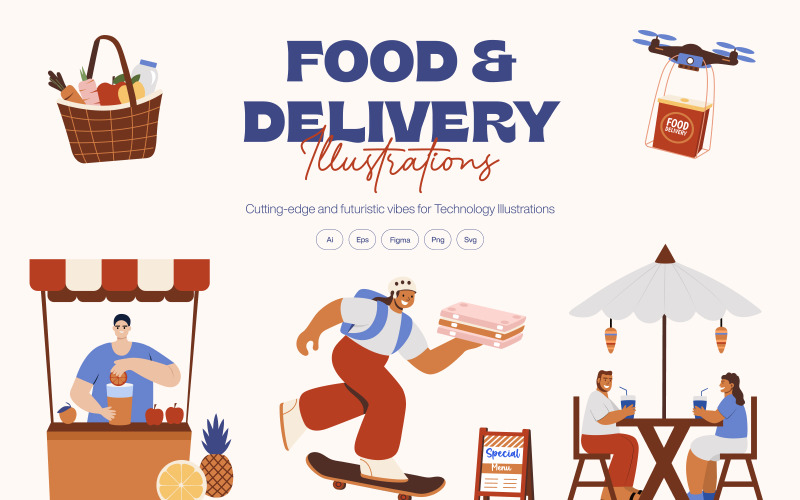Conjunto de ilustrações de comida e entrega