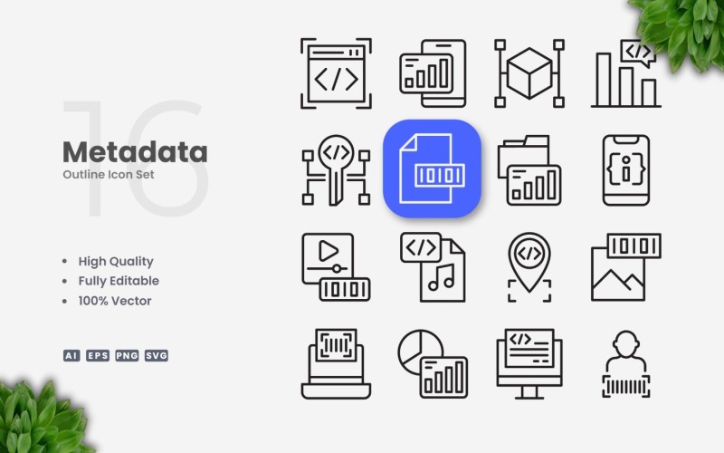 Conjunto de 16 iconos de esquema de metadatos