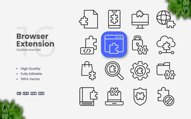 16 Browser-extensie-omtrekpictogramset