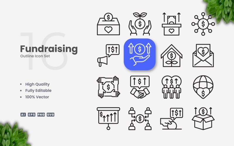 16 Fundraising Outline Ikonuppsättning