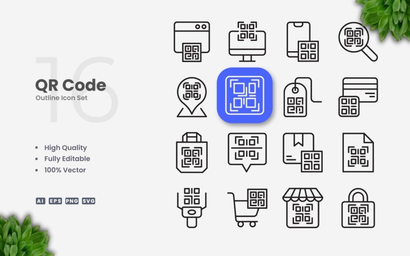 16 set di icone di contorno del codice QR