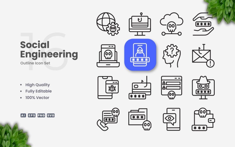 16 Social Engineering-pictogramset met contouren
