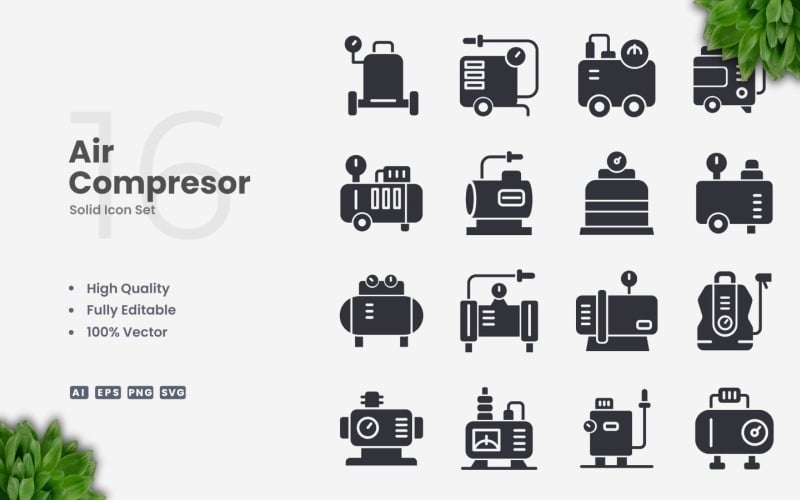 16 Air Compressor Solid Icon Set