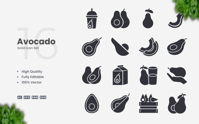 16 Avocado Solide Pictogrammenset