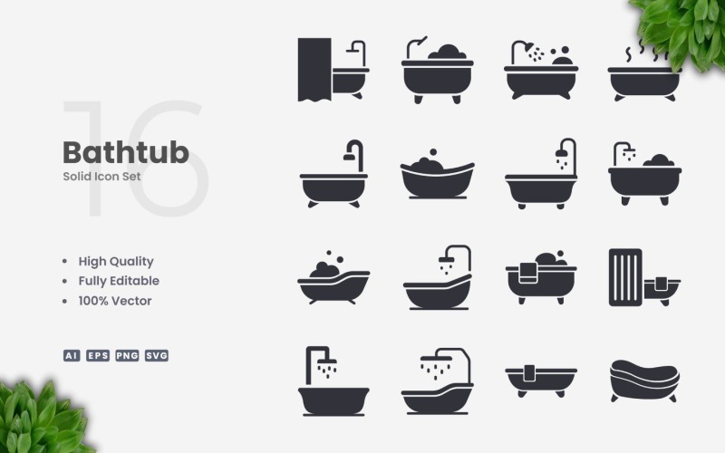 16 Bathtub Solid Icon Set