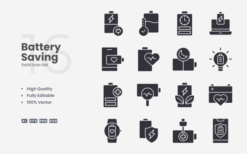 Conjunto de 16 iconos sólidos de ahorro de batería
