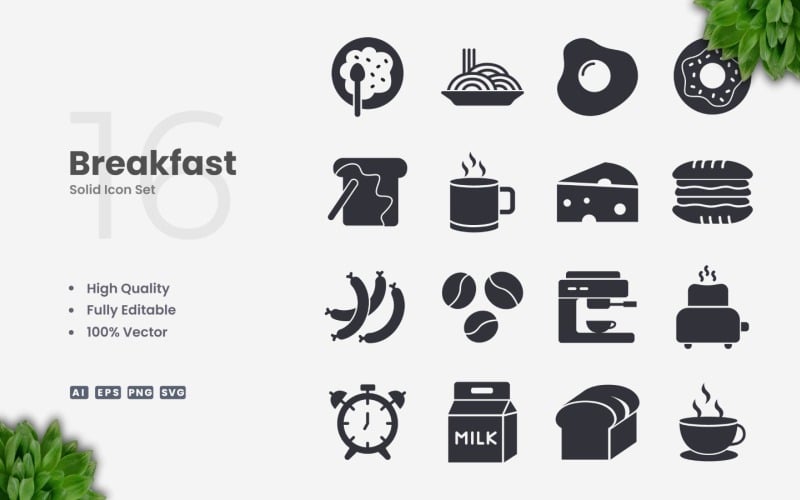 16 Ontbijt Solide Icon Set