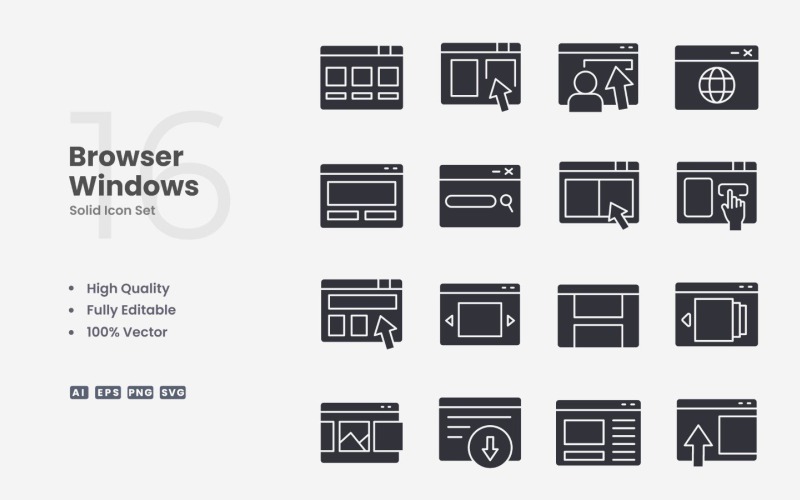 16 Webbläsare Windows Solid Ikonuppsättning
