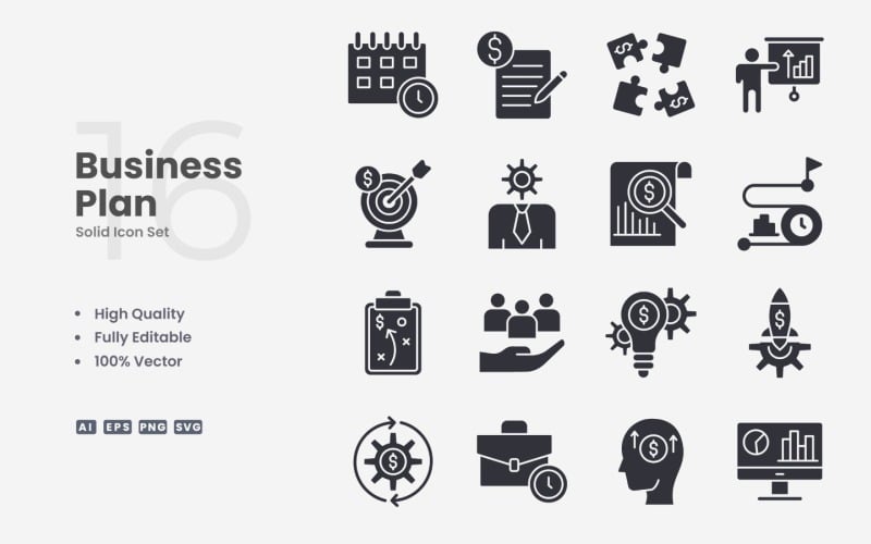 16 Business Plan Solid Icon Set