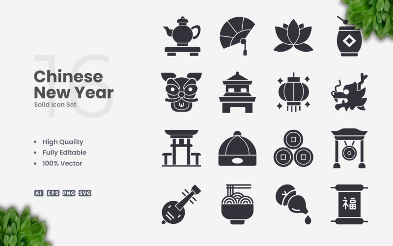 16 Čínský Nový Rok Solid Icon Set