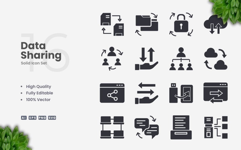 16 Data Sharing Solid Icon Set