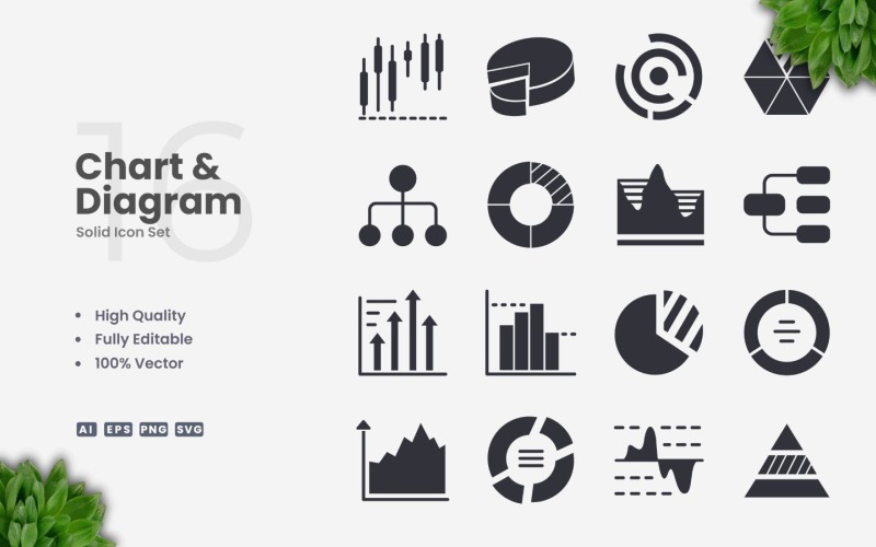 16 Grafik ve Diyagram Katı Simge Seti