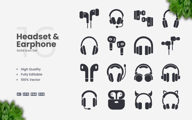 Conjunto de 16 iconos sólidos de auriculares y audífonos