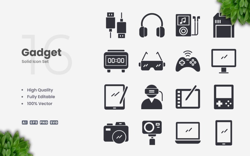 16 Collezione di icone solide di gadget