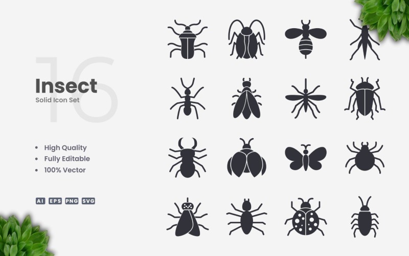 16 Insecten Solide Icon Collectie