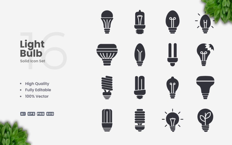16 Light Bulb Solid Icon Set