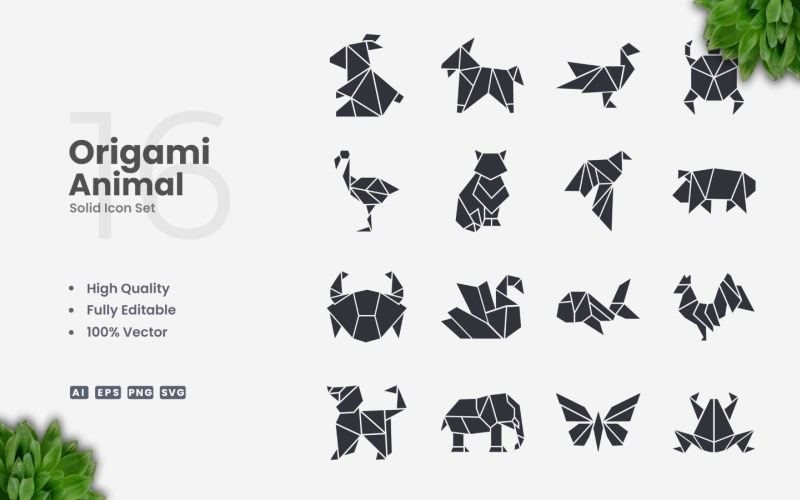 16 Origami zvířat Solid Icon Set