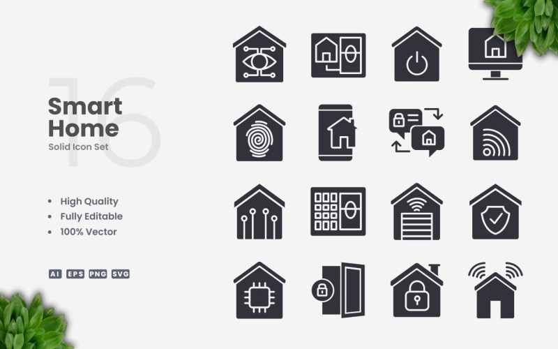 16 Smart Home Solid Ikonuppsättning