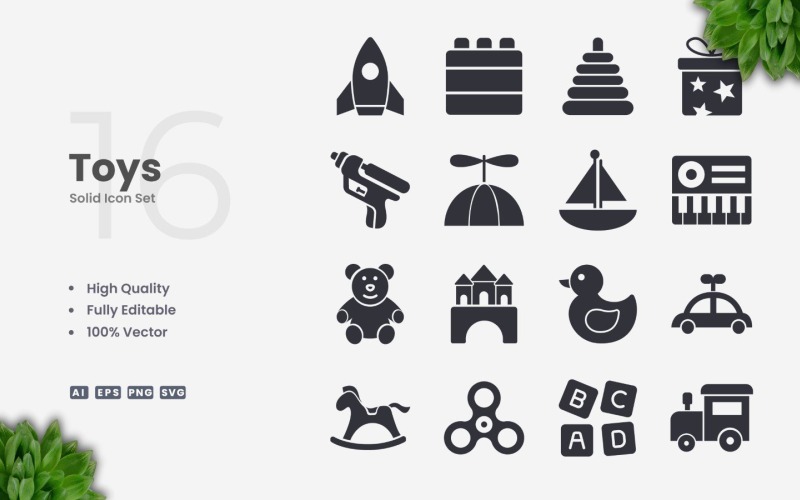 16 Speelgoed Solid Icon Collectie