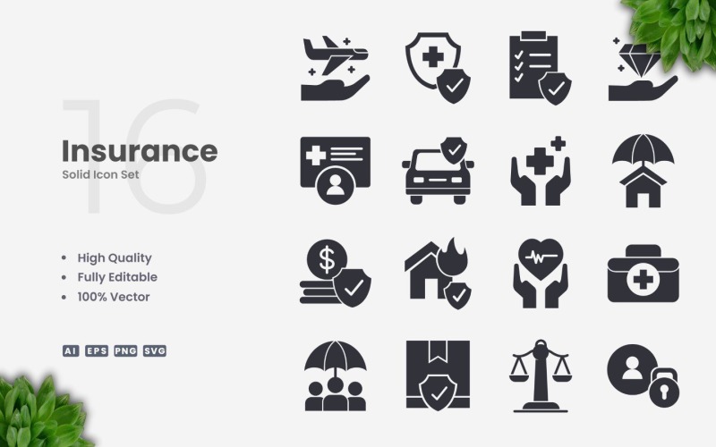 16 Verzekering Solid Icon Set