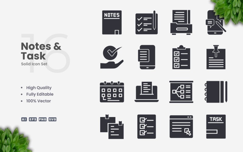 16 заметок и задач Solid Icon Set