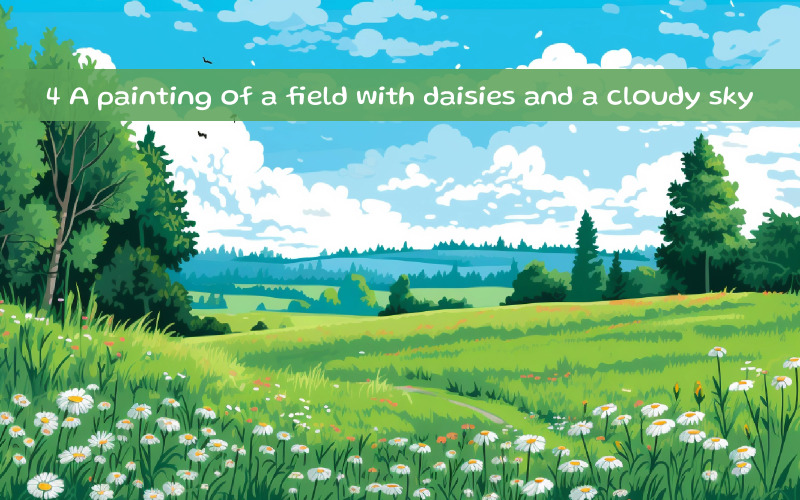 Ein Gemälde von einem Feld mit Gänseblümchen und einem bewölkten Himmel