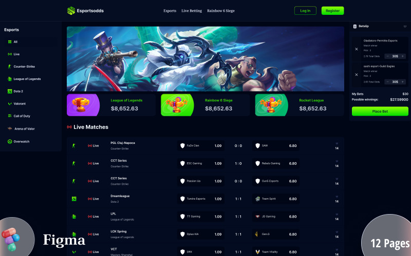 Esportsodds – Esports Betting Szerencsejáték Figma sablon