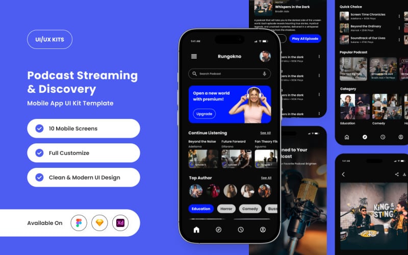 Rungokno – Modern Dark Podcast App UI Kit