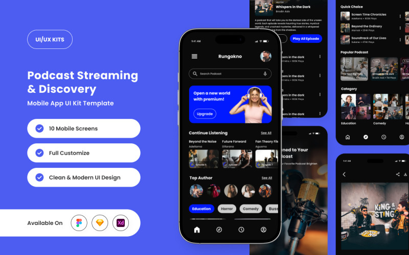 Rungokno – 现代黑暗播客应用程序 UI 套件