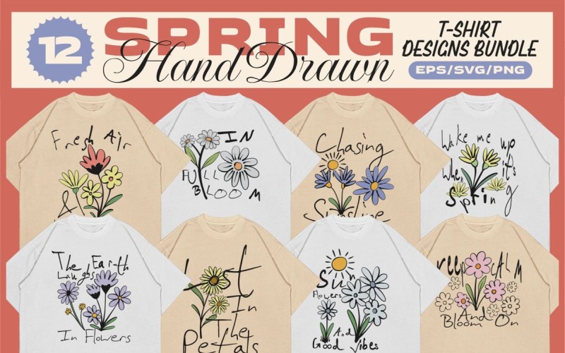 Pacchetto di magliette disegnate a mano per la primavera