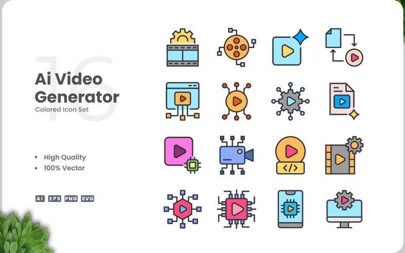 16 Ai Video Generator Kleurenpictogramset
