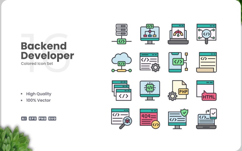16 set di icone a colori per sviluppatori backend