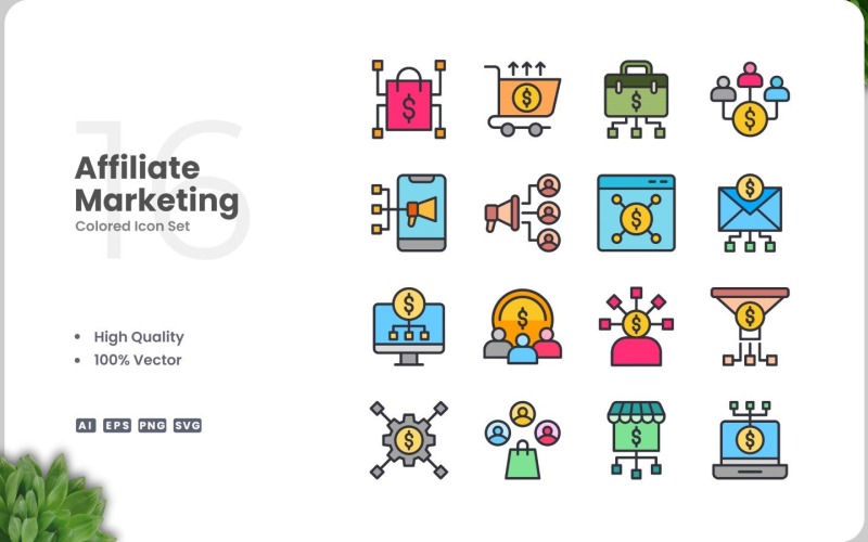 16 set di icone colorate per il marketing di affiliazione