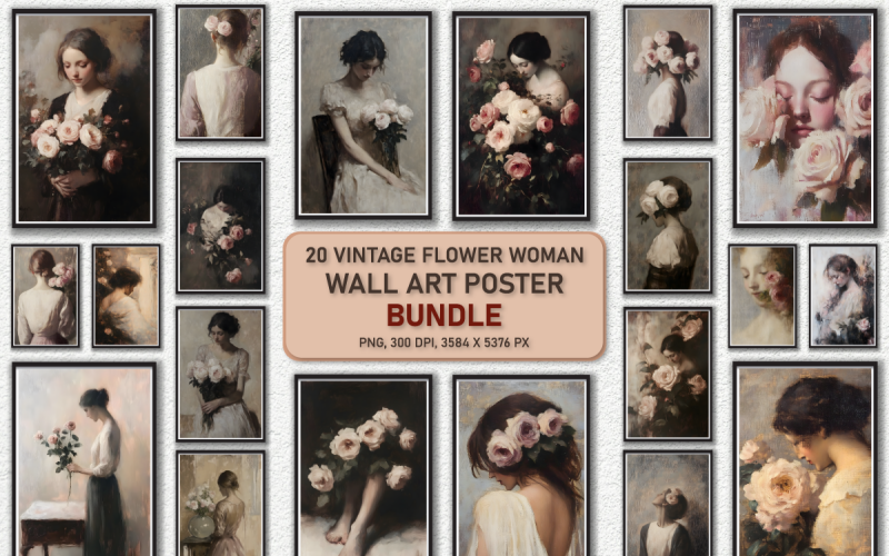 Pacchetto di poster da parete vintage rustico con donna con fiori in stile europeo