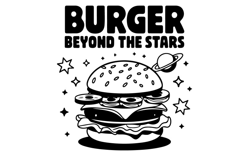 Uma ilustração de um hambúrguer com planetas e estrelas