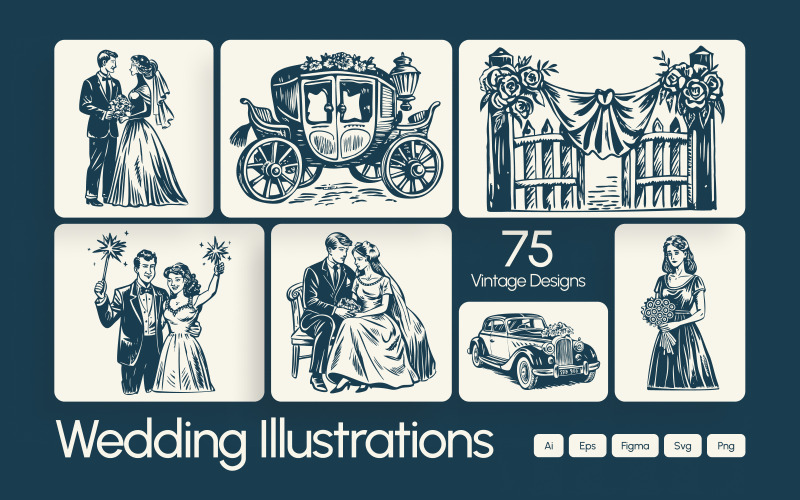 Set di illustrazioni di nozze d'epoca