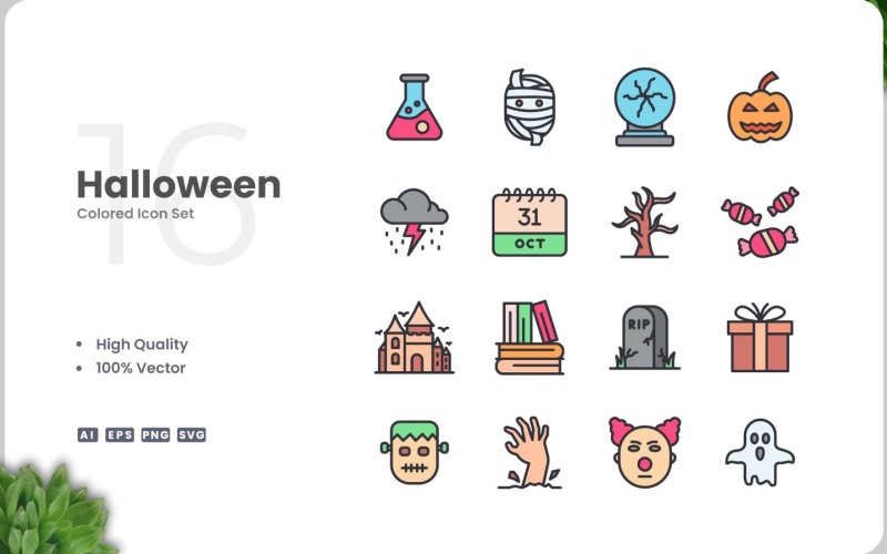 16 Halloween ikon färguppsättning