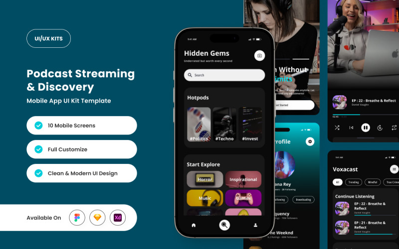 Voxa - Interfaccia utente dell'app mobile per lo streaming di podcast