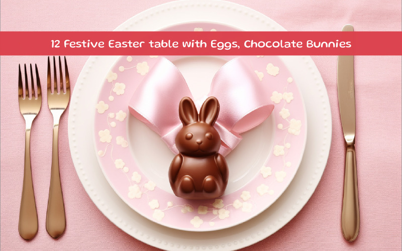 Tavola di Pasqua festosa con uova, coniglietti di cioccolato