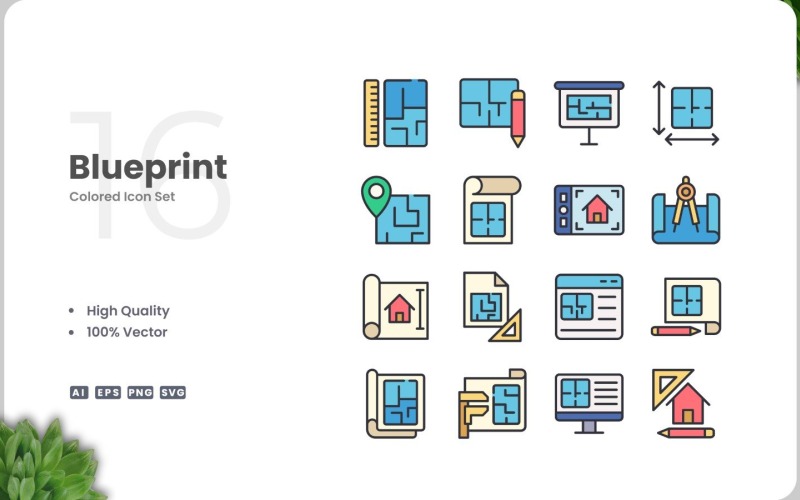 Ensemble de 16 couleurs d'icônes Blueprint