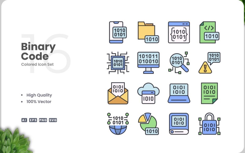 16 Binary Code Icon Color Set