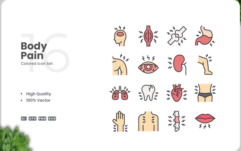 16 Lichaamspijn-pictogramkleurenset
