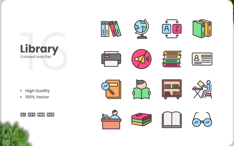 16 Bibliotheekpictogramkleurenset