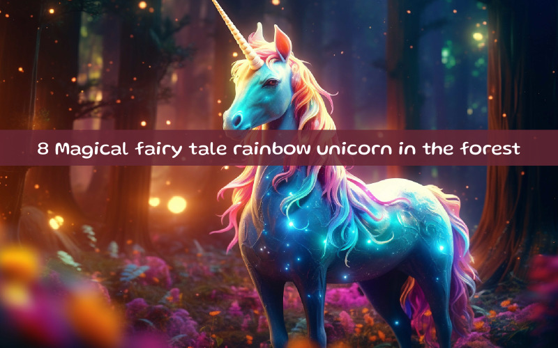 Conte de fée magique licorne arc-en-ciel dans la forêt